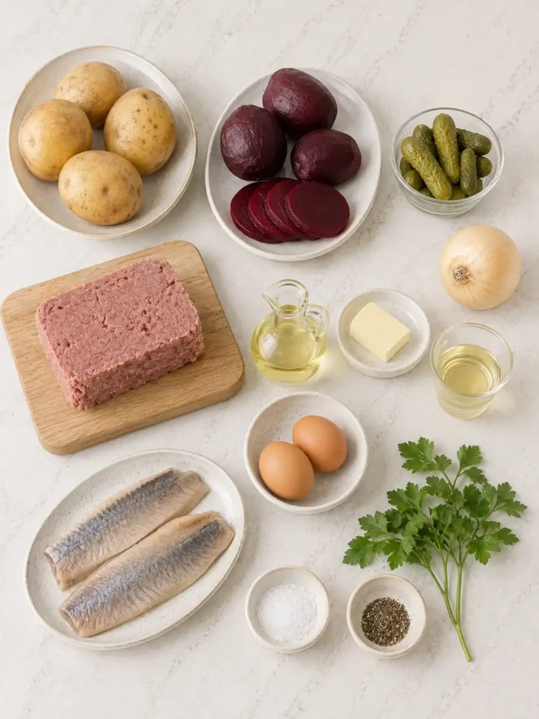 Zutaten für Hamburger Labskaus: Kartoffeln, Corned Beef, Rote Bete, Gewürzgurken, Zwiebel, Eier, Matjes und Petersilie.