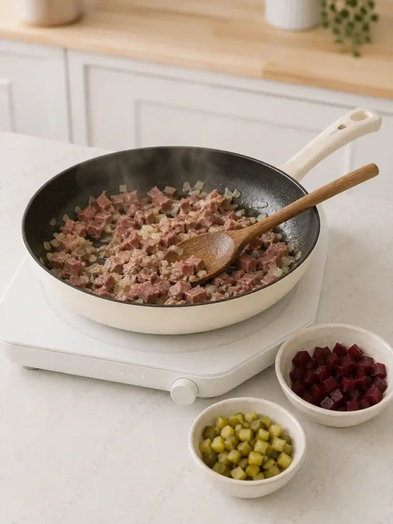 Zubereitung von Hamburger Labskaus: Corned Beef und Zwiebeln braten in der Pfanne, daneben gewürfelte Rote Bete und Gewürzgurken.