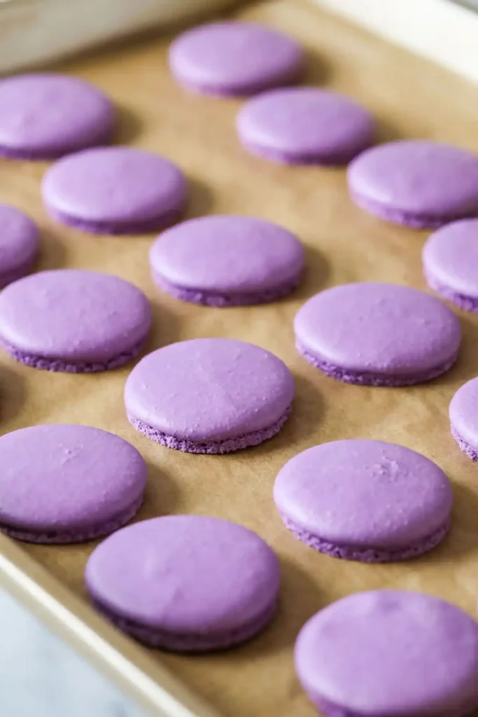 Frisch gebackene lilafarbene Macaron-Schalen mit glatter Oberfläche und typischen Füßchen auf einem Backblech.