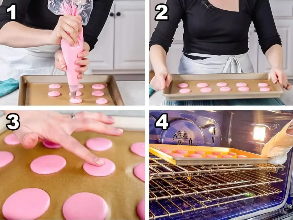 Vier Schritte zum Macarons-Backen: rosa Teig aufspritzen, Blech aufklopfen, Schalen trocknen lassen und im Ofen backen.