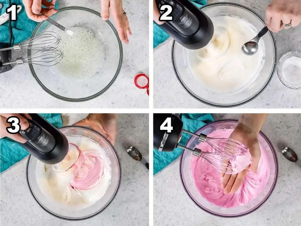 Vier Schritte für rosa Macaron-Baiser: Eiweiß aufschlagen, Zucker einarbeiten, Lebensmittelfarbe hinzufügen und steif schlagen.