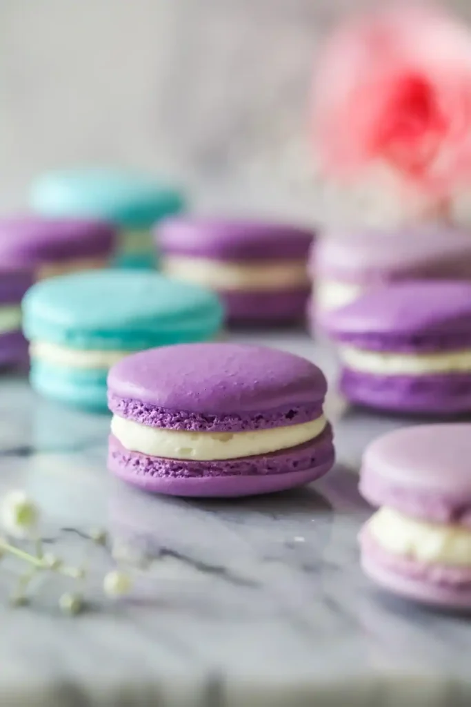 Nahaufnahme eines lilafarbenen französischen Macarons mit heller Cremefüllung, umgeben von weiteren lila und türkisen Macarons.