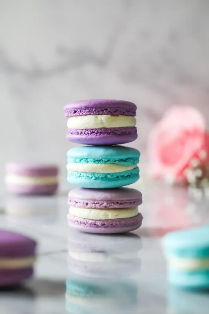 Drei gestapelte französische Macarons in Lila, Türkis und Hellviolett mit heller Cremefüllung und typischen Füßchen.