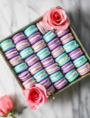 Draufsicht auf bunte französische Macarons mit heller Füllung in Türkis, Lila und Rosa auf einem Tablett mit Rosen.