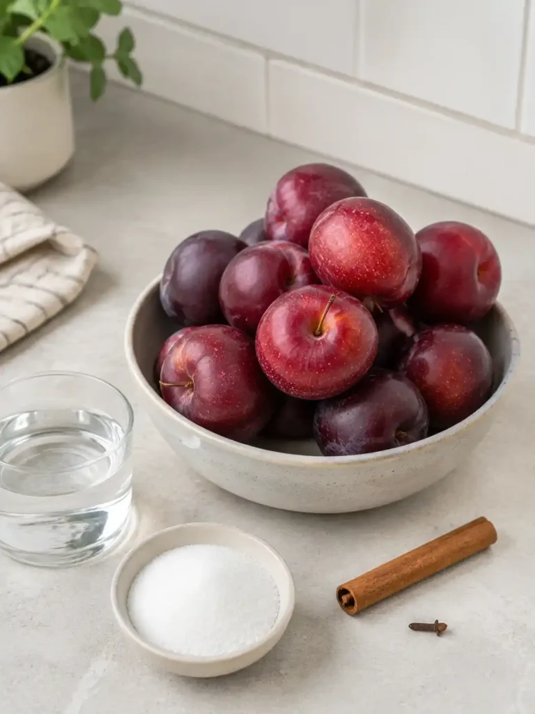Zutaten für Pflaumenkompott wie von Oma: frische rote Pflaumen, Zucker, Wasser, eine Zimtstange und eine Nelke.