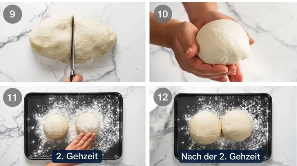 Pide-Teig halbieren, zu zwei glatten Kugeln formen und vor sowie nach der zweiten Gehzeit.