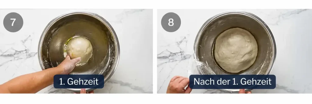 Pide-Teig vor und nach der ersten Gehzeit in einer eingeölten Schüssel.