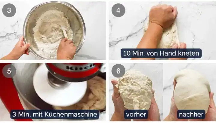 Pide-Teig mischen und 10 Minuten von Hand oder 3 Minuten mit der Küchenmaschine kneten.