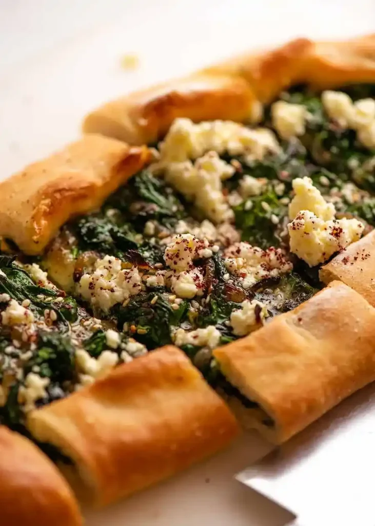 Nahaufnahme einer aufgeschnittenen Pide mit Spinat, Schafskäse, Sesam und Sumach.