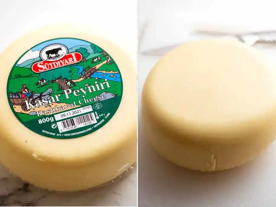 Türkischer Kaşar-Käse in der Verpackung und ausgepackt als Zutat für Pide mit Käse.