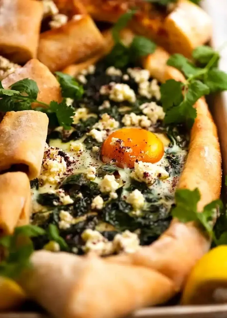 Türkische Pide mit Spinat, Feta und Ei in einem goldbraun gebackenen Pide-Teig.