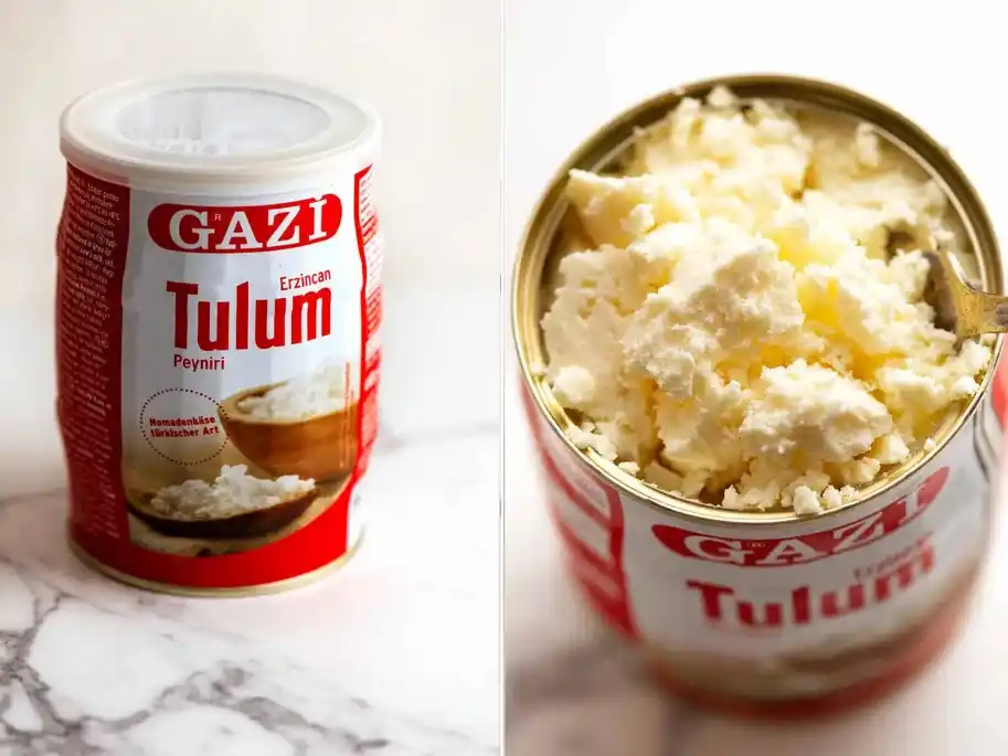 Türkischer Tulum-Käse in einer geschlossenen und geöffneten Dose als Topping für Pide mit Käse.