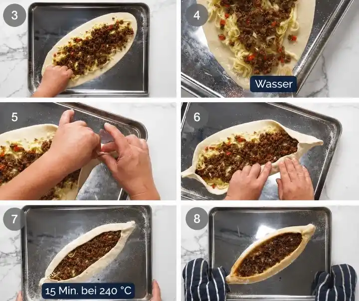 Schrittfolge zum Belegen, Formen und Backen einer türkischen Pide mit Hackfleisch bei 240 °C.