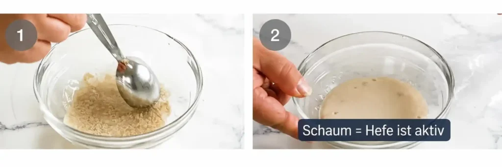 Trockenhefe für den Pide-Teig mit lauwarmem Wasser und Zucker verrühren und aufschäumen lassen.