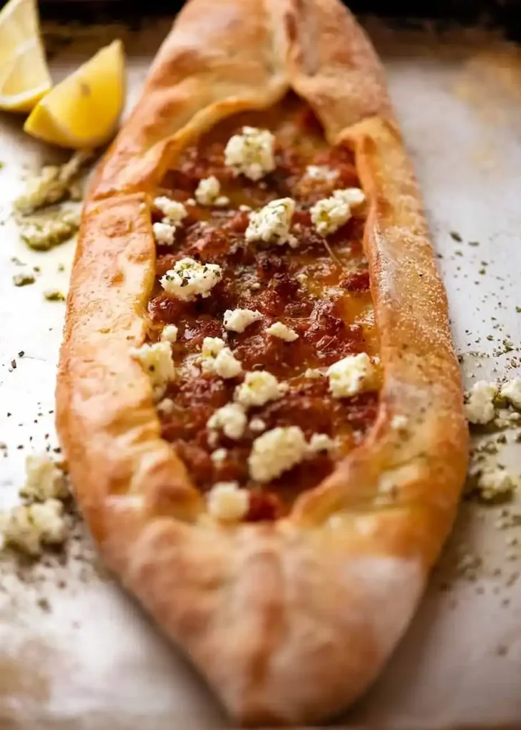 Goldbraun gebackene Pide mit Sucuk, geschmolzenem Käse, zerbröseltem Feta und Oregano