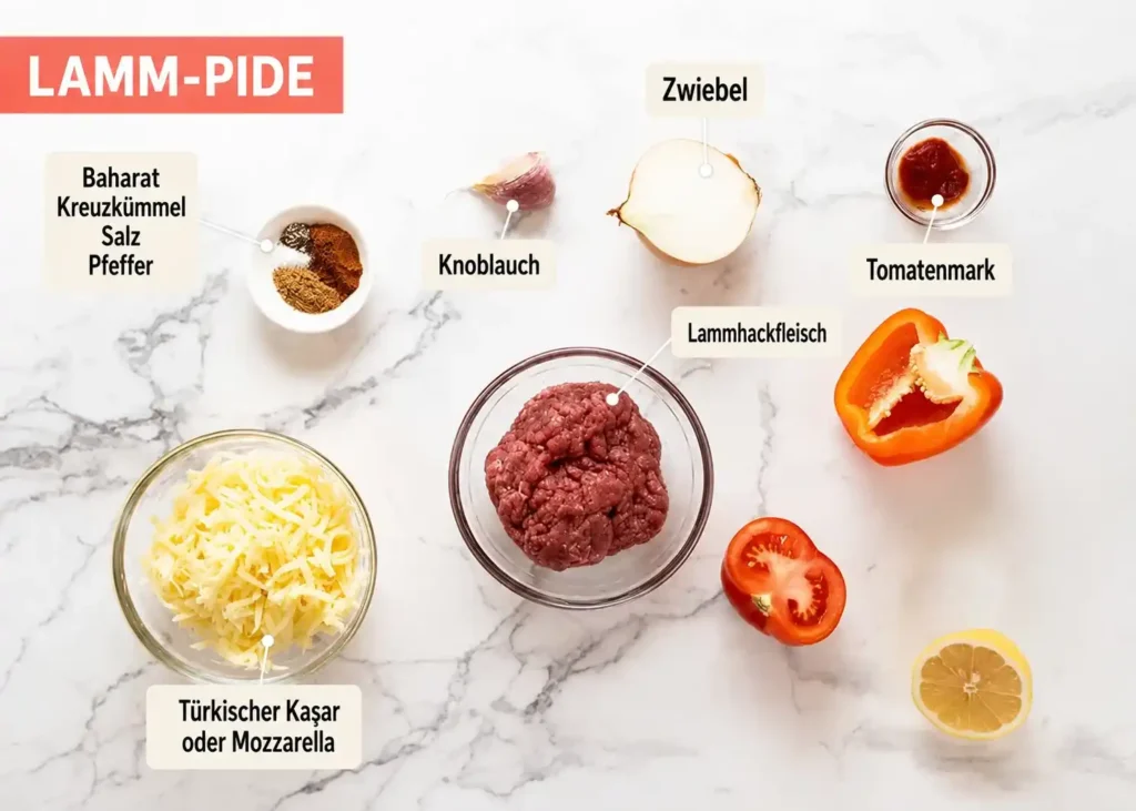 Zutaten für Kıymalı Pide mit Lammhackfleisch, Käse, Zwiebel, Knoblauch, Paprika, Tomate und Gewürzen.