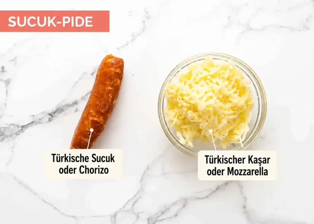 Zutaten für Pide mit Sucuk: türkische Sucuk oder Chorizo und geriebener Kaşar oder Mozzarella.