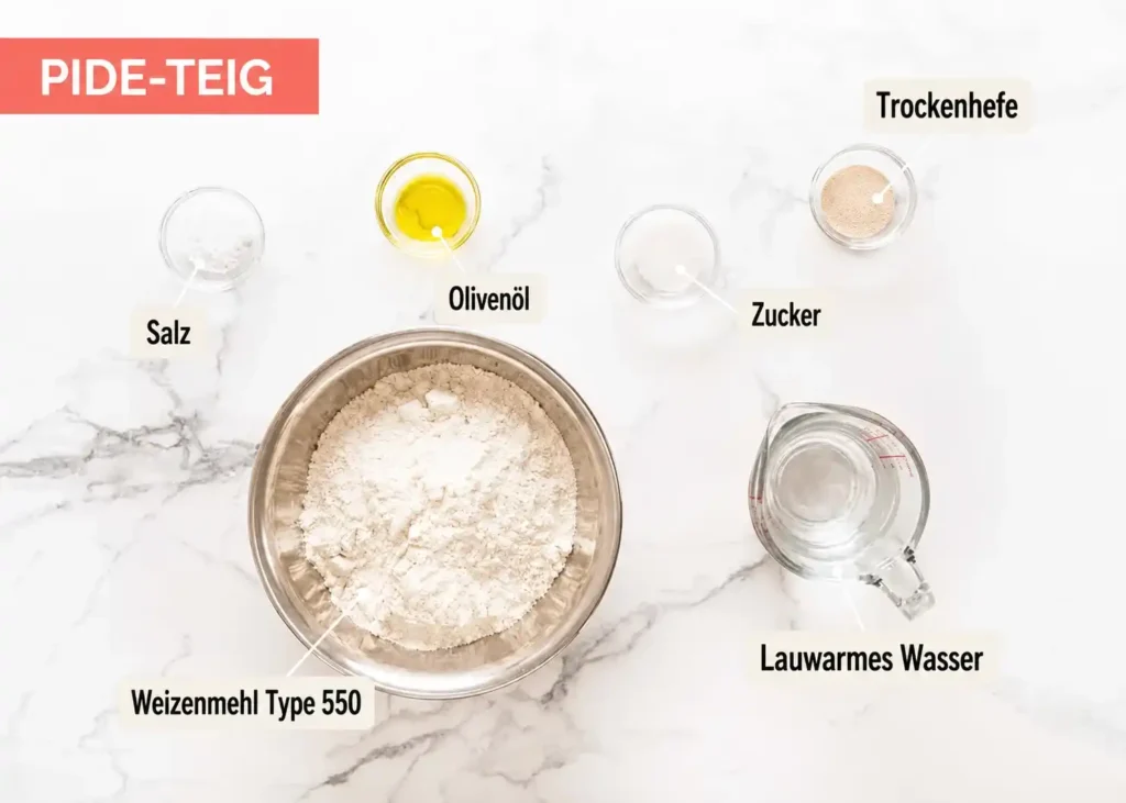 Zutaten für Pide-Teig mit Trockenhefe: Weizenmehl Type 550, lauwarmes Wasser, Olivenöl, Zucker und Salz.
