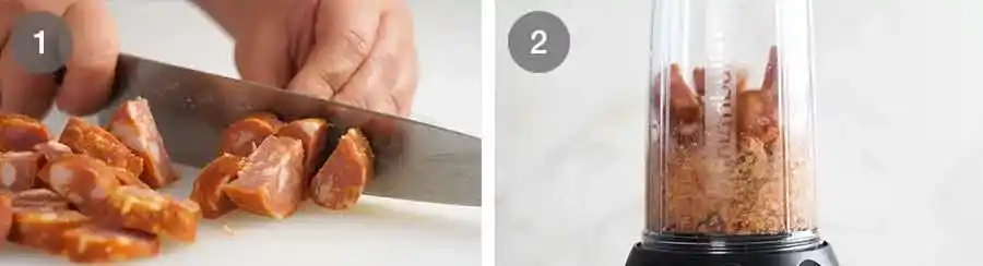 Türkische Sucuk für Pide in Stücke schneiden und in einem Mixer fein zerkleinern.