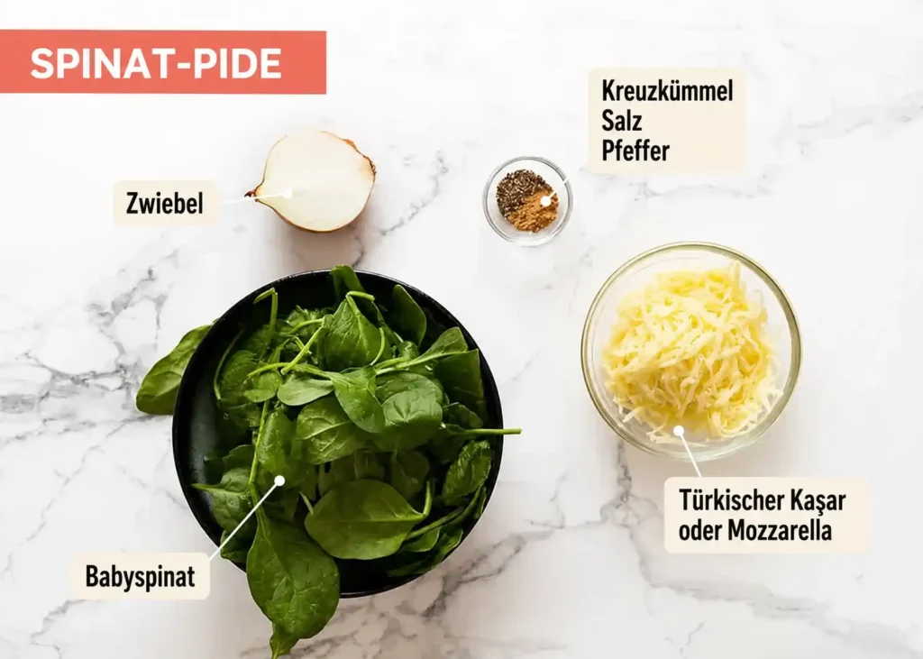 Zutaten für Pide mit Spinat und Käse: Babyspinat, Zwiebel, Kaşar oder Mozzarella, Kreuzkümmel, Salz und Pfeffer.