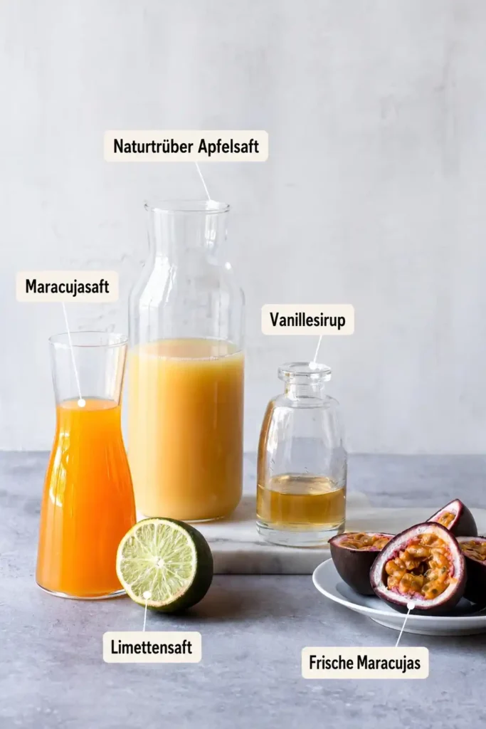 Zutaten für Pornstar Martini alkoholfrei: Maracujasaft, naturtrüber Apfelsaft, Vanillesirup, Limette und frische Maracujas.
