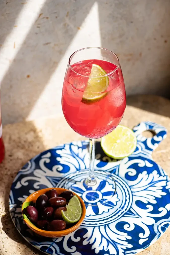 Pinker Sarti Spritz mit Sarti Rosa, Prosecco, Soda, Eiswürfeln und Limette auf einem blau-weißen Serviertablett.