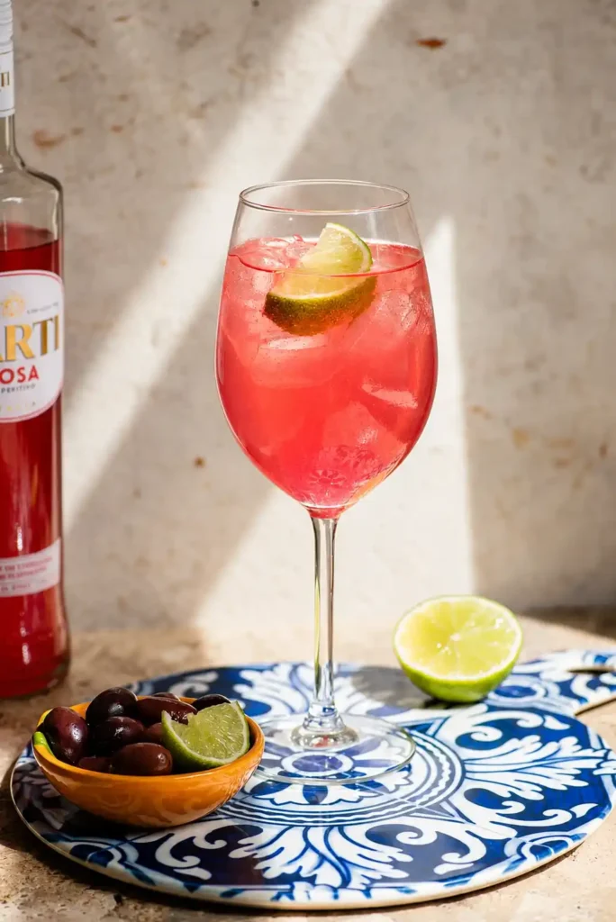 Sarti Spritz mit Sarti Rosa, Prosecco und Soda auf Eis, garniert mit Limette und serviert zu schwarzen Oliven.