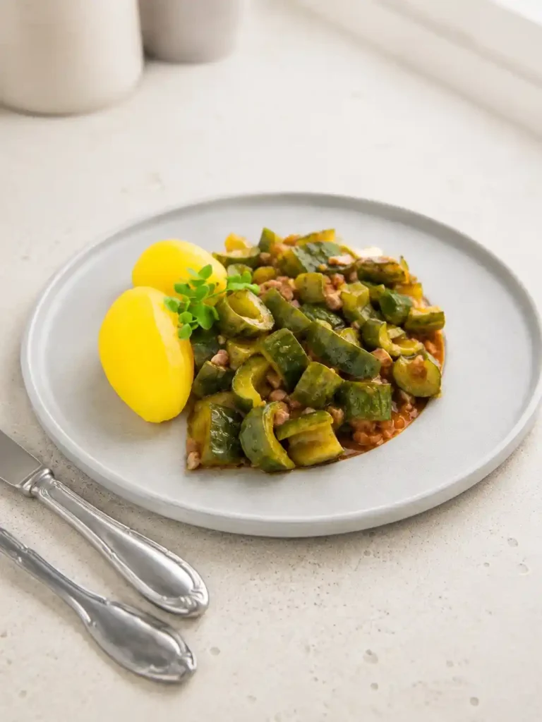 Schmorgurken nach DDR-Rezept wie von Oma mit Rinderschinkenwürfeln und Salzkartoffeln auf einem hellgrauen Teller.
