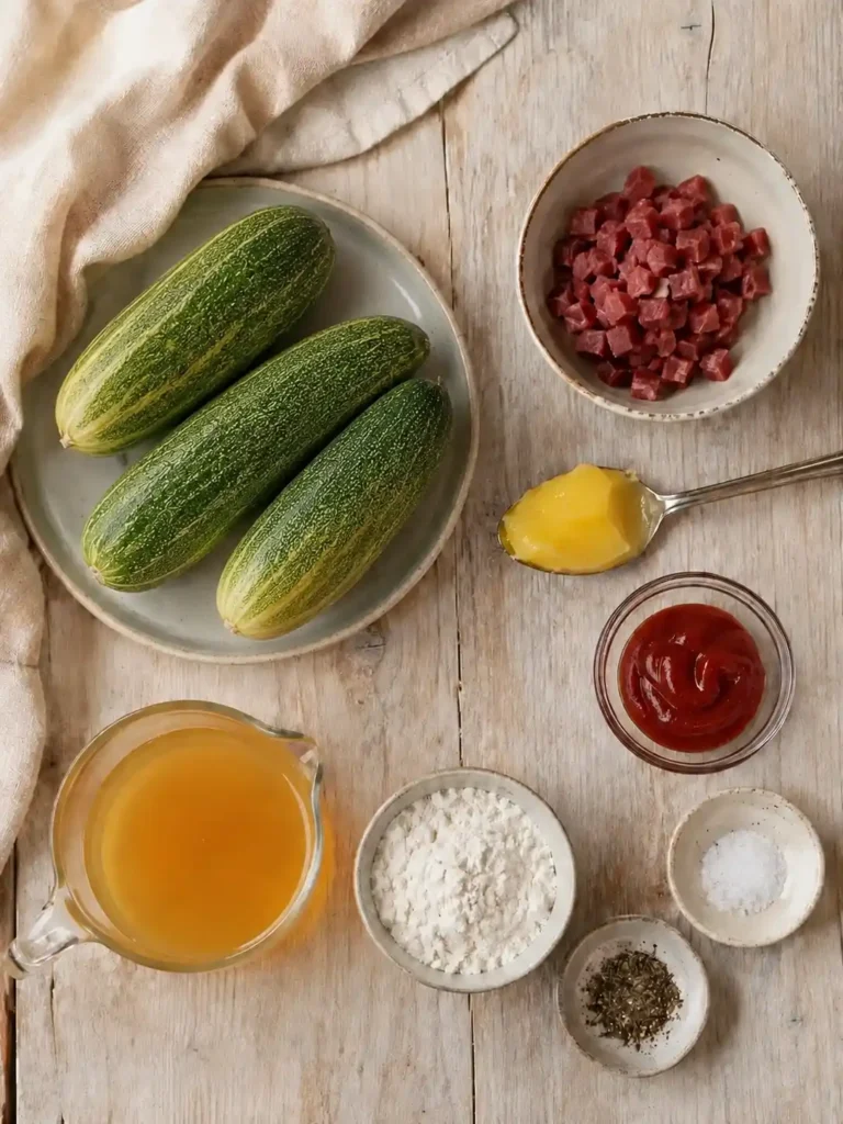 Zutaten für Schmorgurken nach DDR-Rezept mit frischen Schmorgurken, Rinderschinkenwürfeln, Brühe, Ketchup, Mehl und Gewürzen.