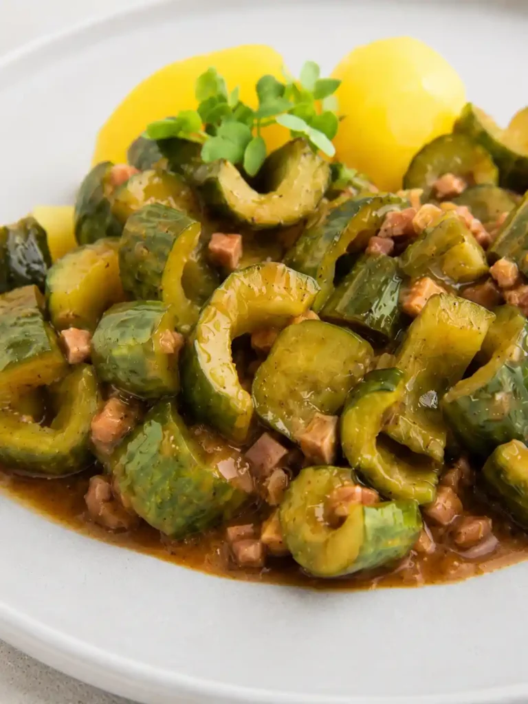 Nahaufnahme von Schmorgurken nach DDR-Rezept wie von Oma mit Rinderschinkenwürfeln und Salzkartoffeln.
