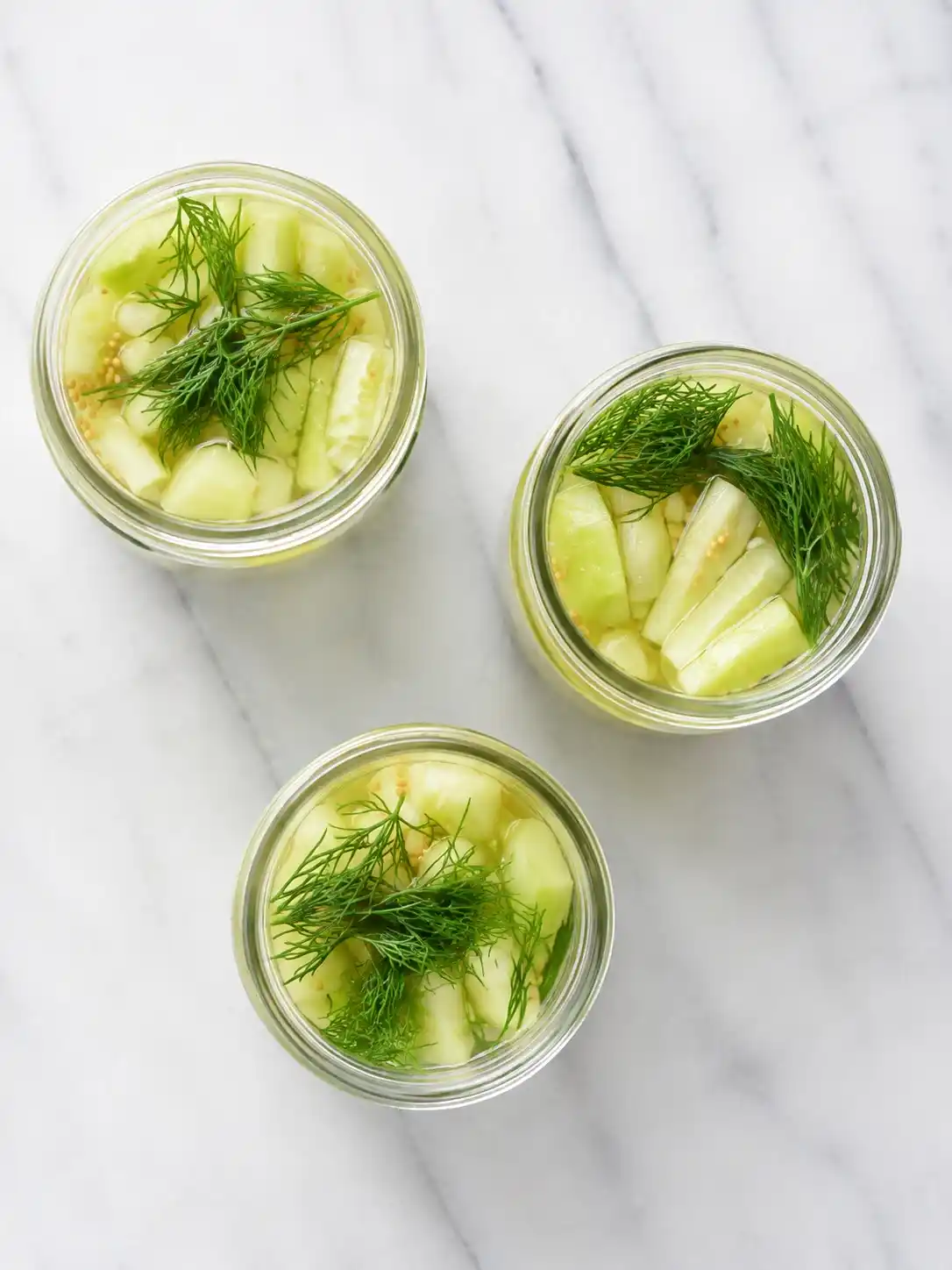 Draufsicht auf drei Gläser mit selbst eingelegten Senfgurken, frischem Dill und Senfkörnern nach Omas DDR-Rezept.