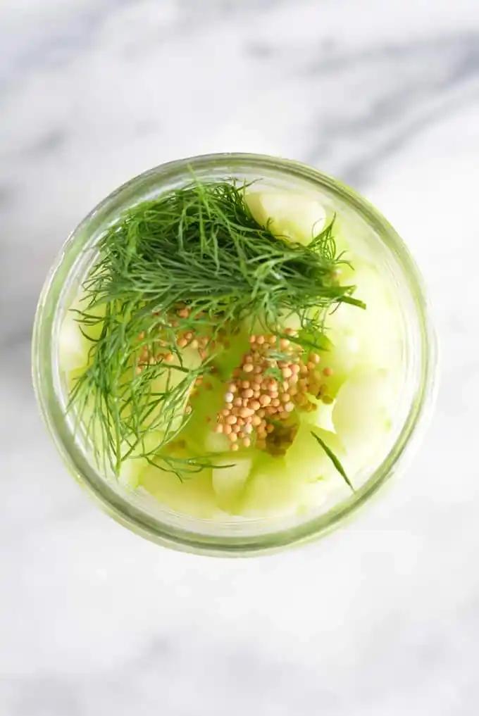Offenes Glas mit vorbereiteten Senfgurken, frischem Dill und Senfkörnern aus der Draufsicht.