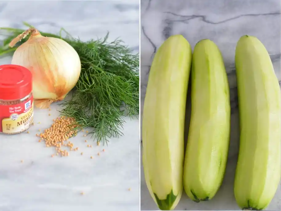 Zutaten zum Senfgurken-Einlegen: geschälte Gurken, Zwiebel, frischer Dill und Senfkörner für Omas DDR-Rezept.