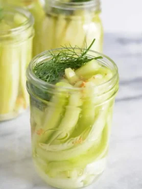Offenes Glas mit selbst eingelegten Senfgurken, frischem Dill und Senfkörnern nach Omas DDR-Rezept wie früher.