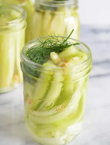 Offenes Glas mit selbst eingelegten Senfgurken, frischem Dill und Senfkörnern nach Omas DDR-Rezept wie früher.