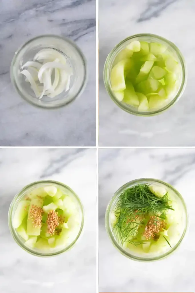 Senfgurken ins Glas schichten mit Zwiebeln, Gurkenstücken, Senfkörnern und frischem Dill nach Omas DDR-Rezept.