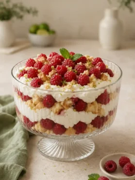 Wilde Hilde – einfacher Nachtisch mit Himbeeren, Sahne und Löffelbiskuit in einer großen Glasschale