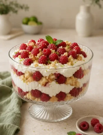 Wilde Hilde – einfacher Nachtisch mit Himbeeren, Sahne und Löffelbiskuit in einer großen Glasschale