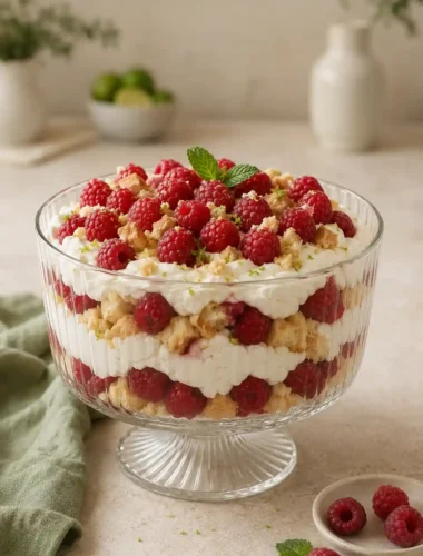 Wilde Hilde – einfacher Nachtisch mit Himbeeren, Sahne und Löffelbiskuit in einer großen Glasschale