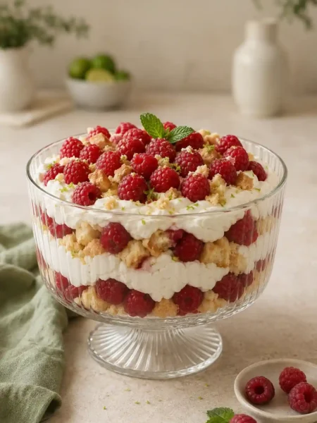 Wilde Hilde – einfacher Nachtisch mit Himbeeren, Sahne und Löffelbiskuit in einer großen Glasschale