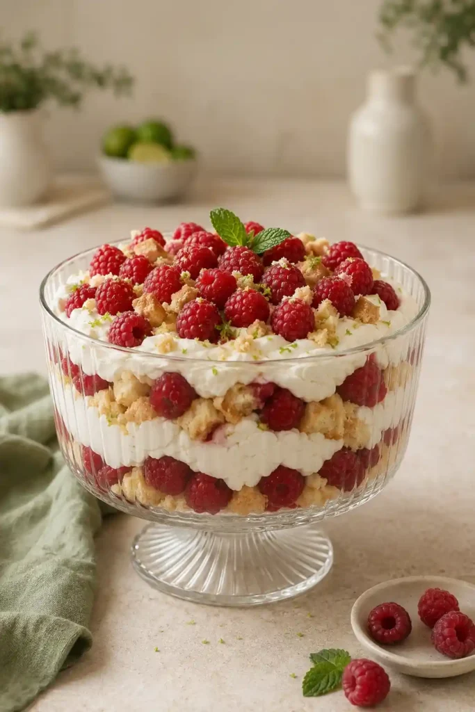 Wilde Hilde – einfacher Nachtisch mit Himbeeren, Sahne und Löffelbiskuit in einer großen Glasschale