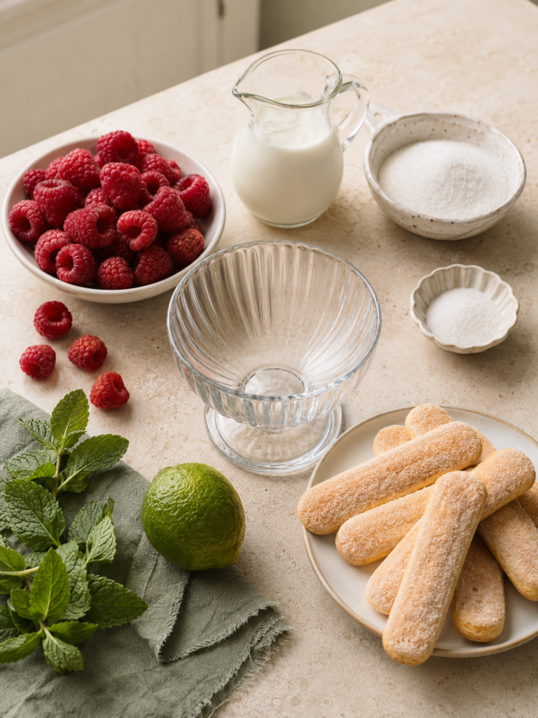 Zutaten für Wilde Hilde mit Himbeeren und Sahne: Löffelbiskuit, Limette, Zucker und Minze