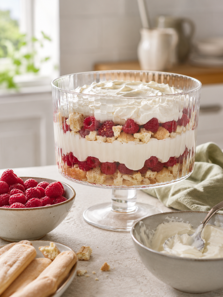 Wilde Hilde mit Himbeeren, Sahne und Löffelbiskuit in einer großen Glasschale