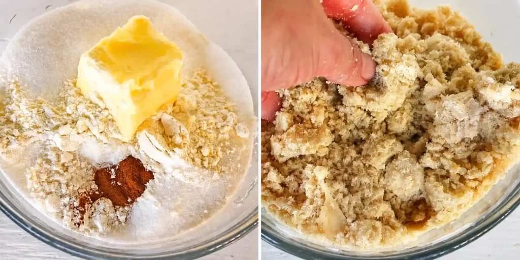 Streusel für Zwetschgendatschi vom Blech – trockene Zutaten mit Butter und fertig geknetete Zimtstreusel