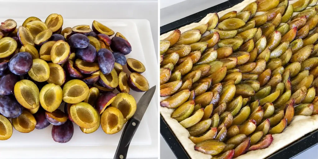 Zwetschgen für Zwetschgendatschi vom Blech – entsteinte Früchte und dicht auf Hefeteig angeordnet
