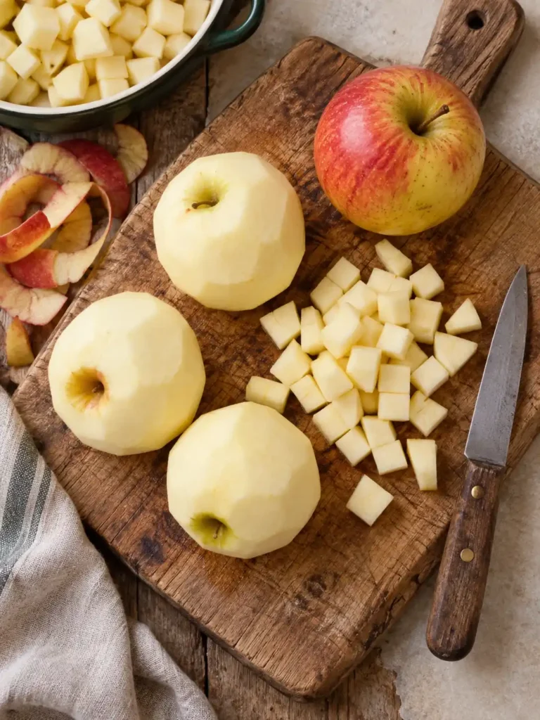 Geschälte und gewürfelte Äpfel für Apfel-Crumble mit Haferflocken und Mandeln