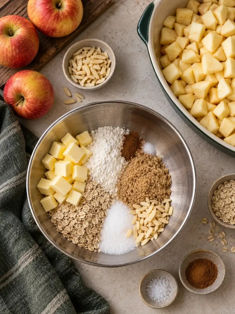 Streuselzutaten für Apfel-Crumble mit Haferflocken und Mandeln neben gewürfelten Äpfeln
