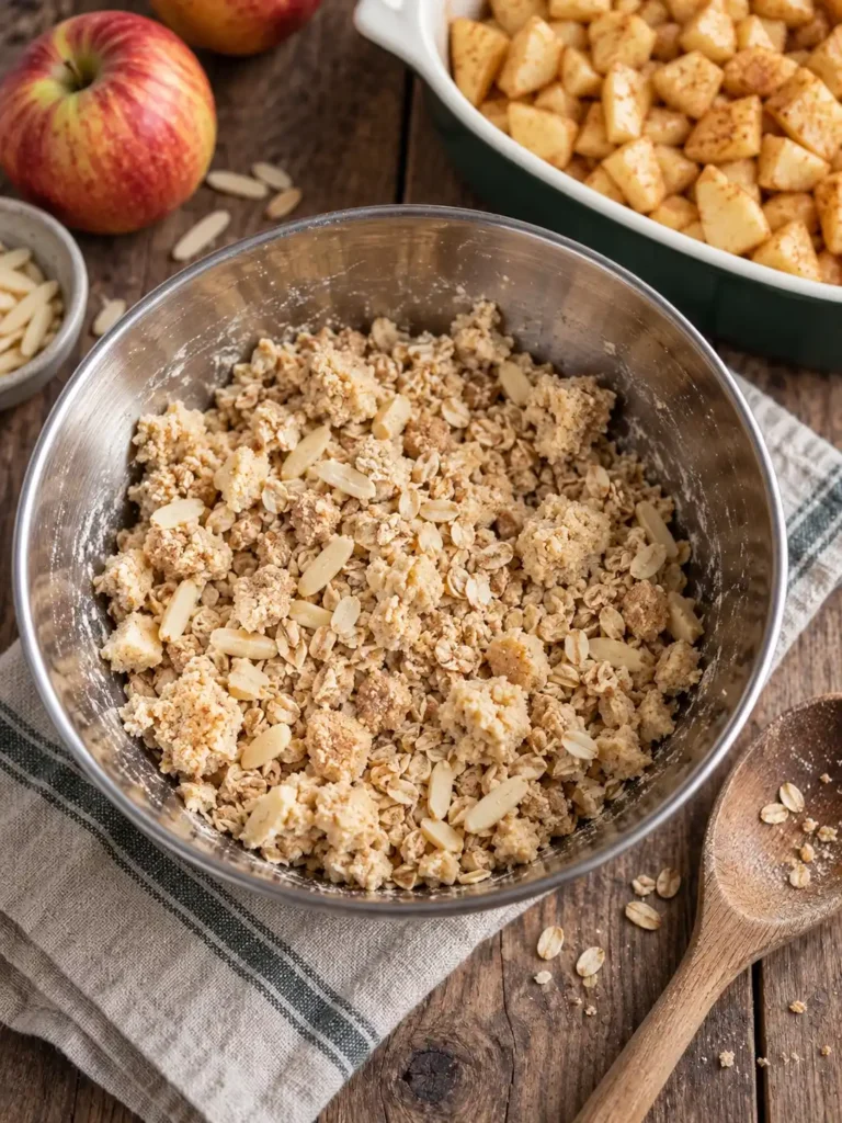 Knusprige Streusel aus Haferflocken und Mandeln für Apfel-Crumble neben gewürzten Apfelwürfeln