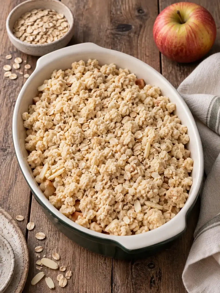 Ungebackener Apfel-Crumble mit Haferflocken und Mandeln in einer Auflaufform