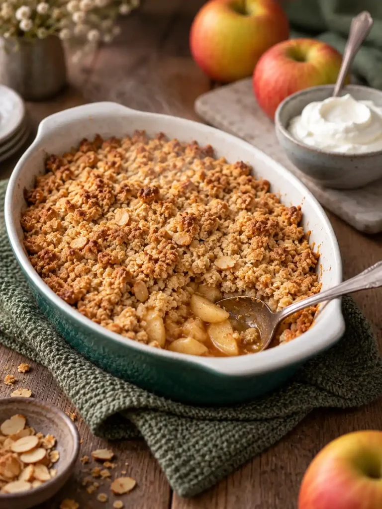 Goldbrauner Apfel-Crumble mit Haferflocken und Mandeln in einer grünen Auflaufform